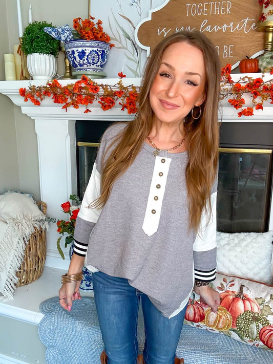 Varsity Weekend Grey & Black Stripe Henley Top