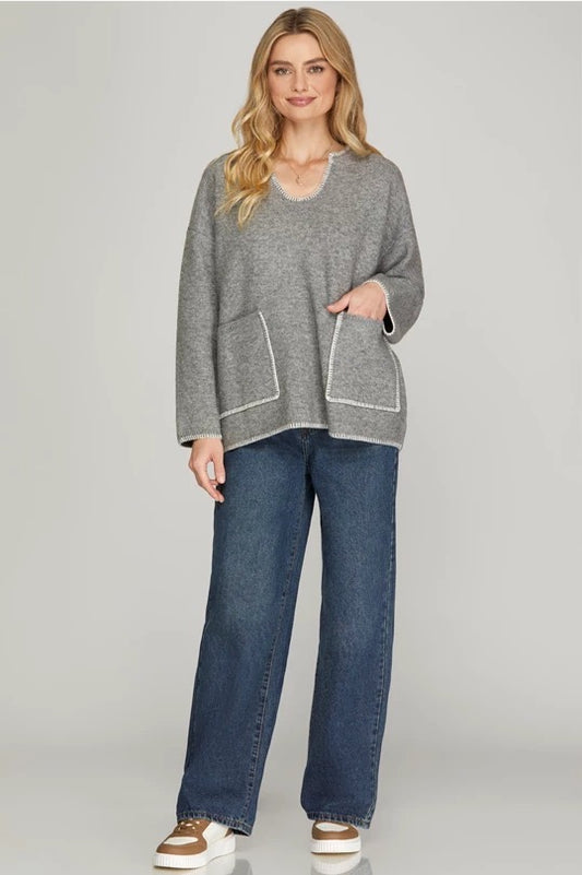 V-Neck Sweater with Contrast Stitching grey on model