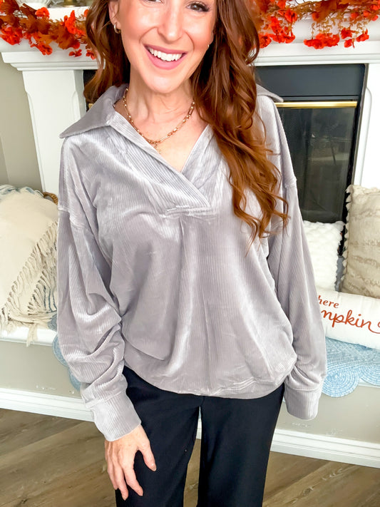 Silver Birch Ribbed Velvet Collared Pullover
