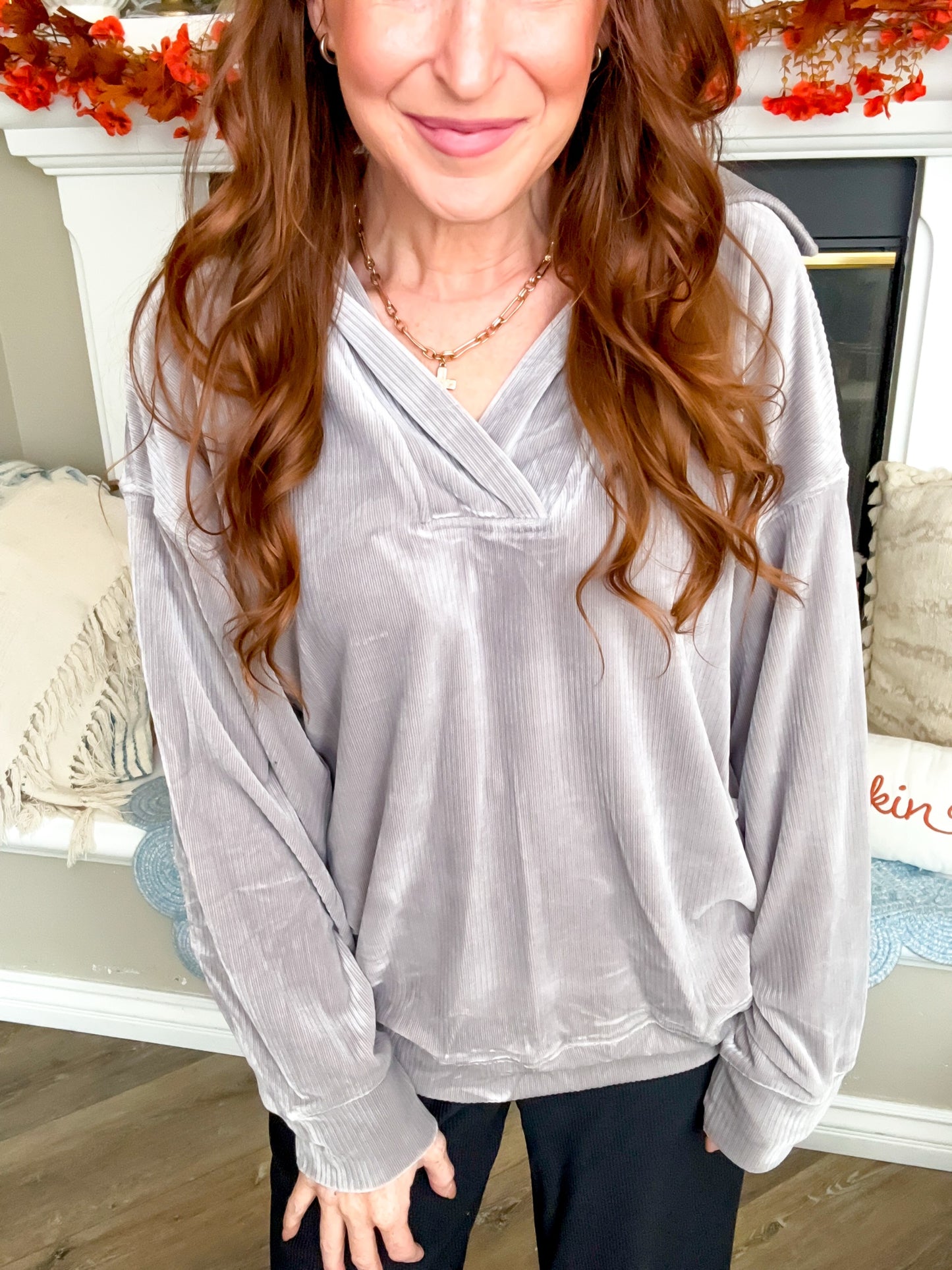 Silver Birch Ribbed Velvet Collared Pullover