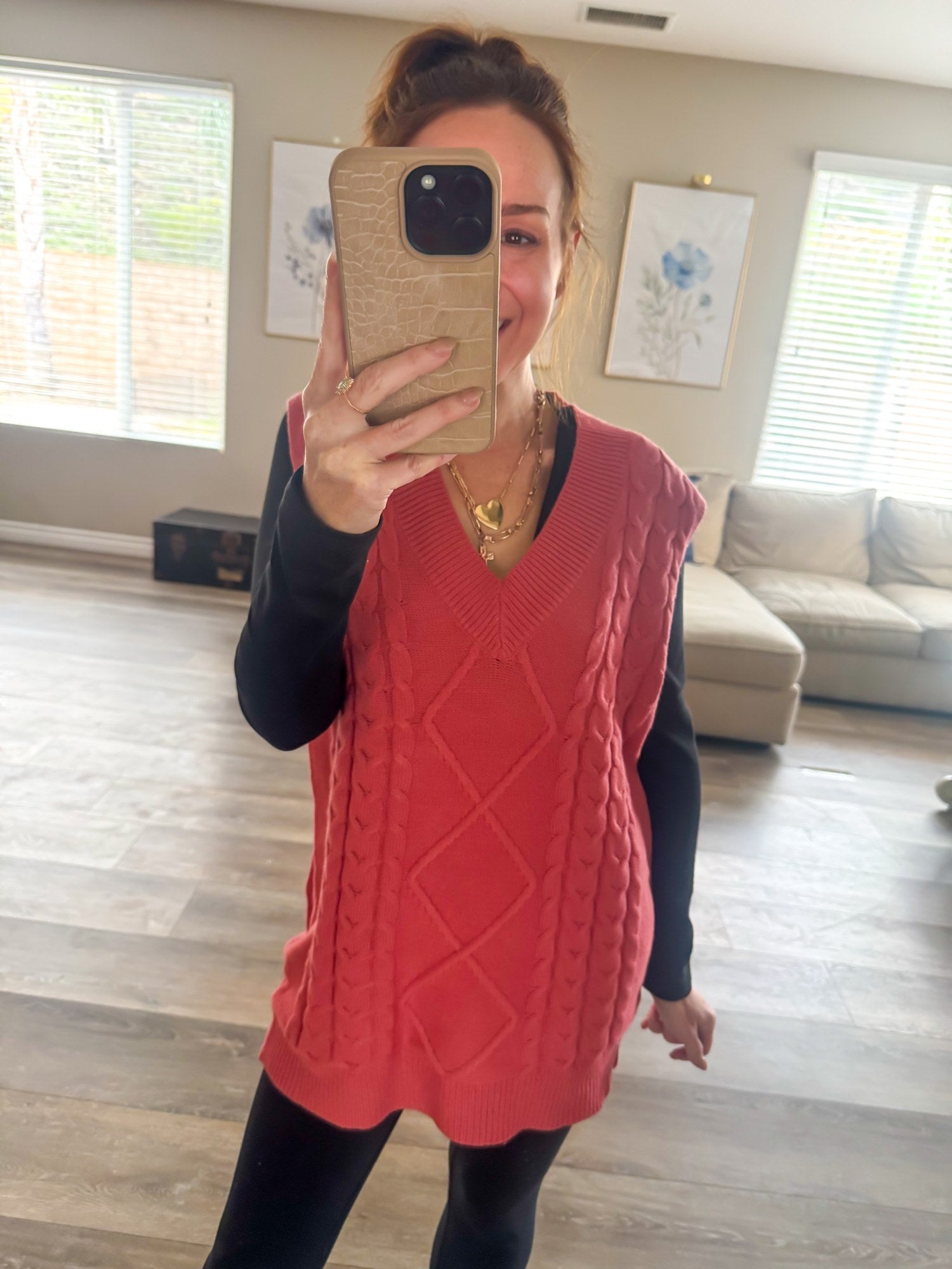 Coral cable knit vest front