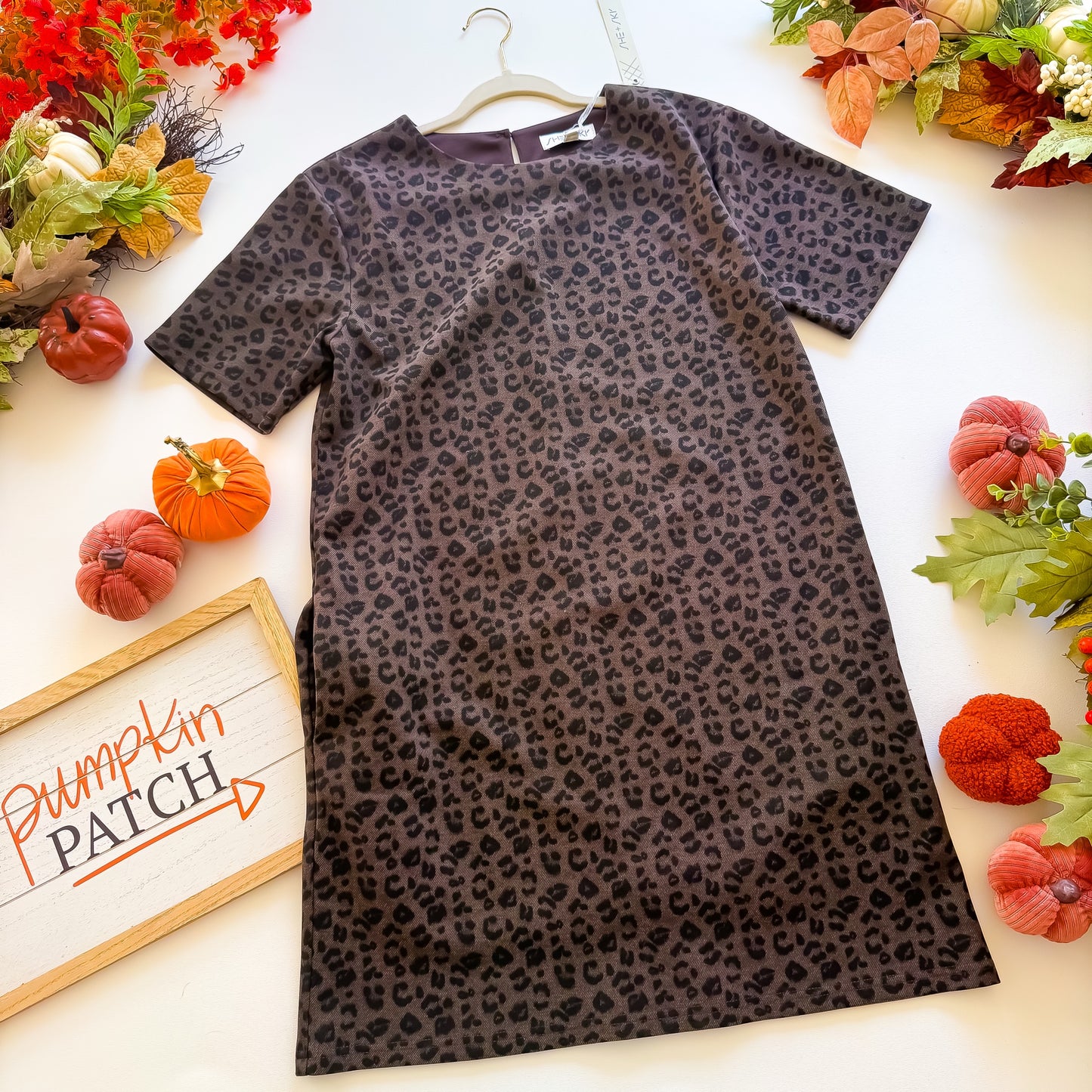 Wild About Fall - Short Sleeve Animal Knit Dress With Pockets