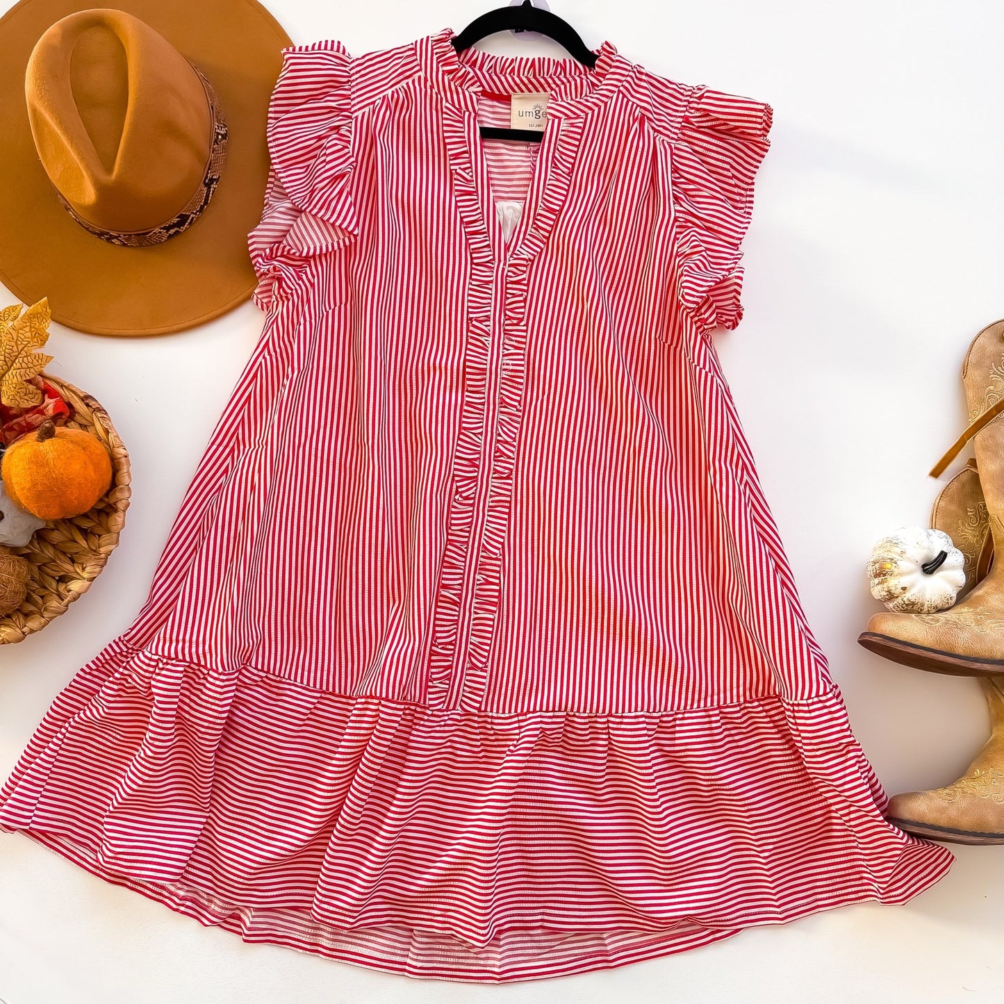Umgee red and white stripe ruffle trim babydoll dress