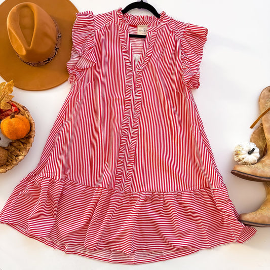 Umgee red and white stripe ruffle trim babydoll dress