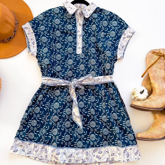 Umgee navy block print belted shirt dress