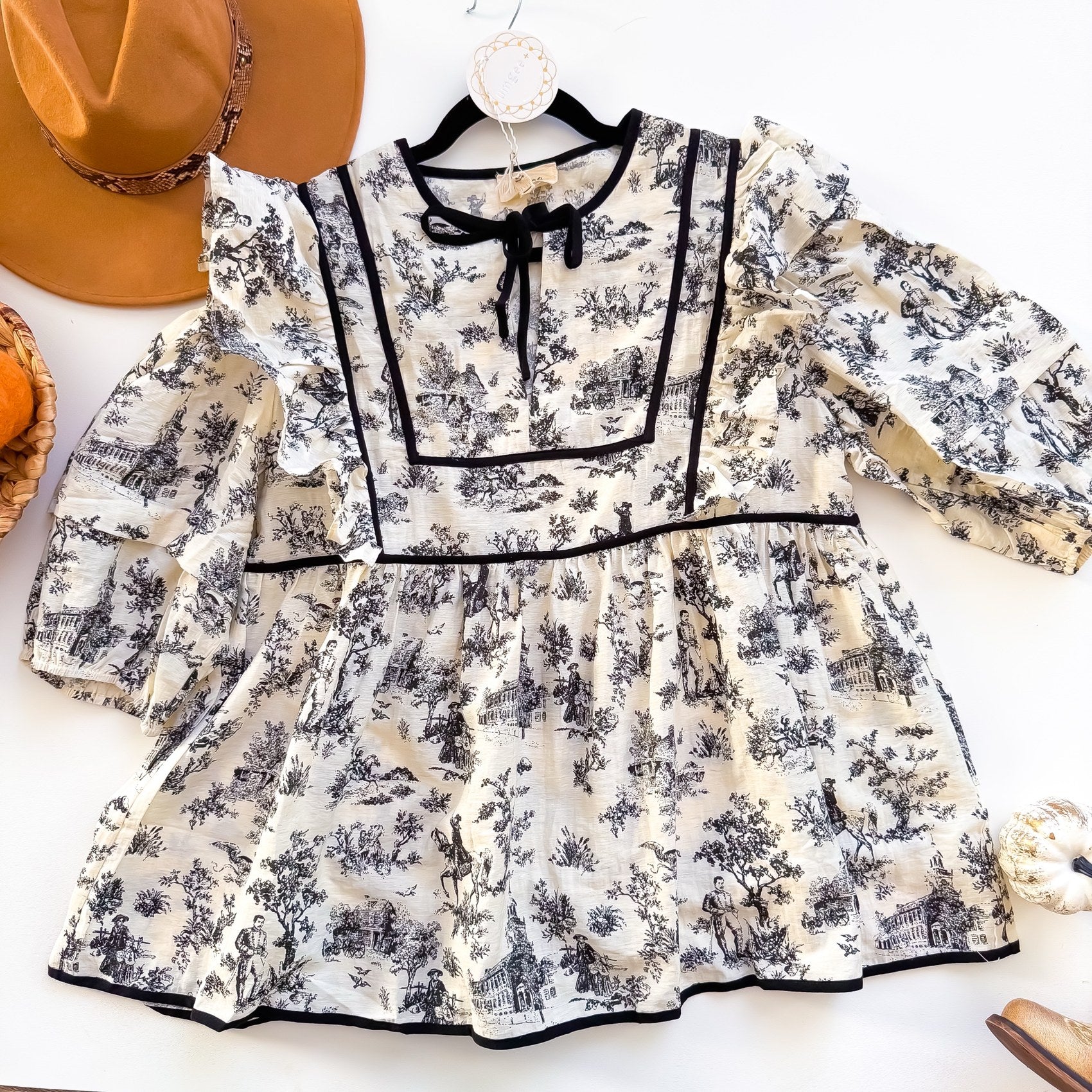 Umgee black and cream toile bib front ruffle babydoll top