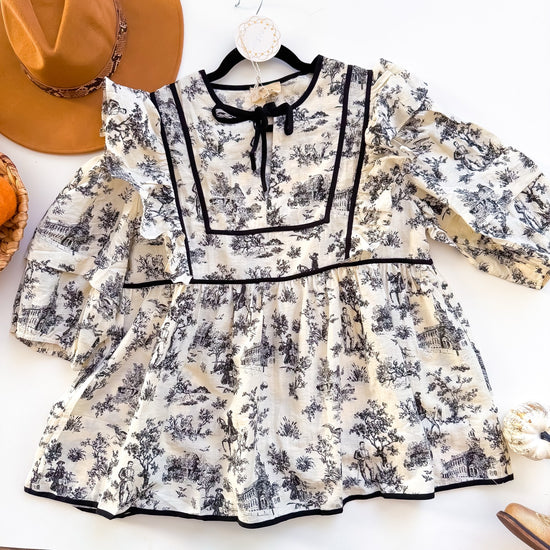 Umgee black and cream toile bib front ruffle babydoll top