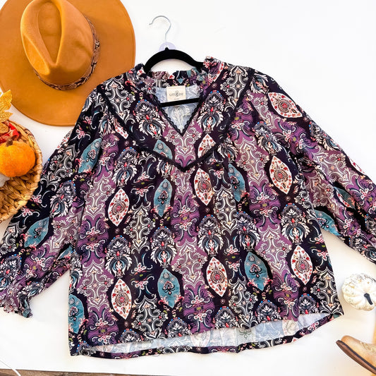 Umgee purple paisley lace trim peasant blouse