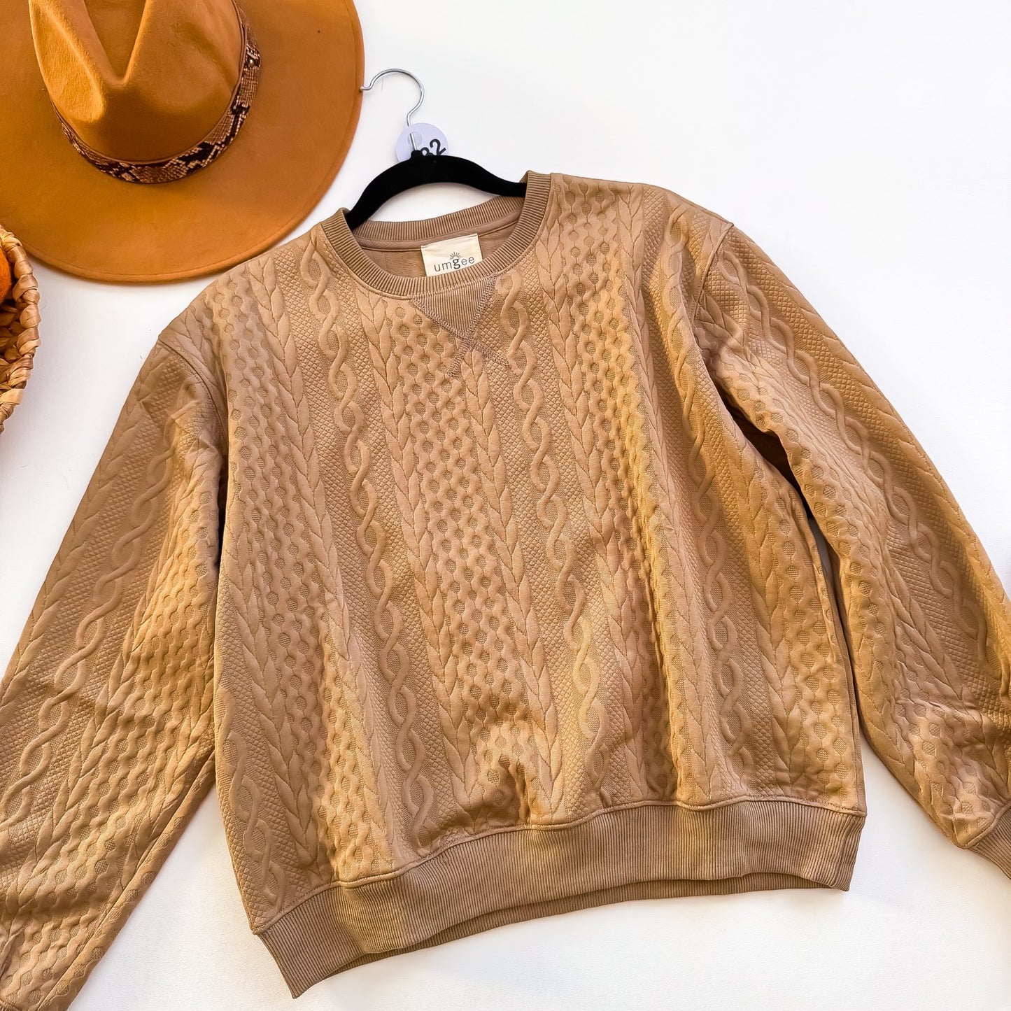 Umgee camel cable jacquard crewneck pullover