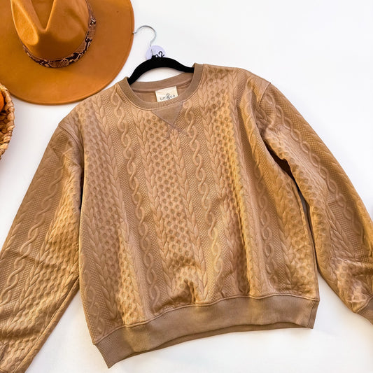 Umgee camel cable jacquard crewneck pullover