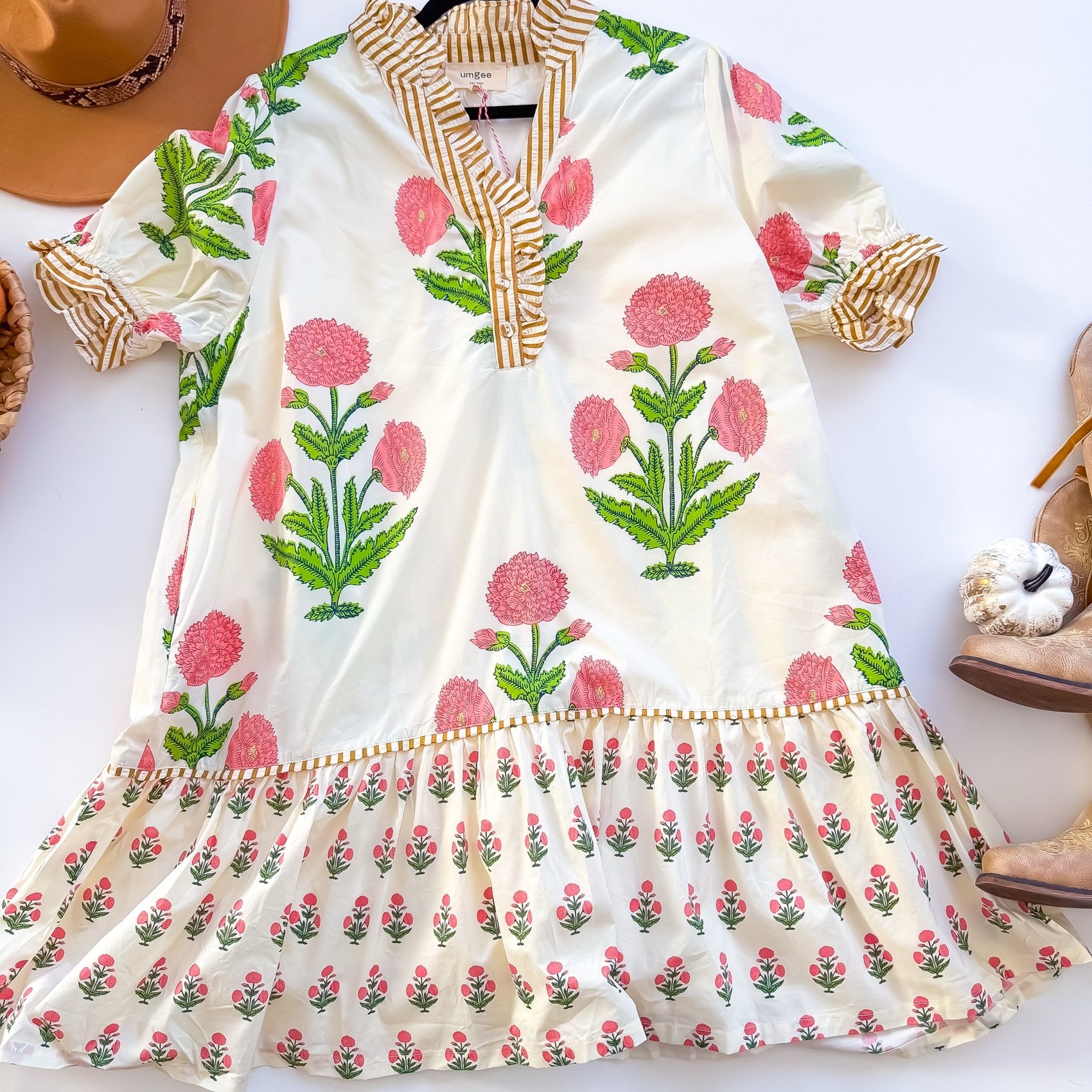 Umgee pink block print ruffle hem dress